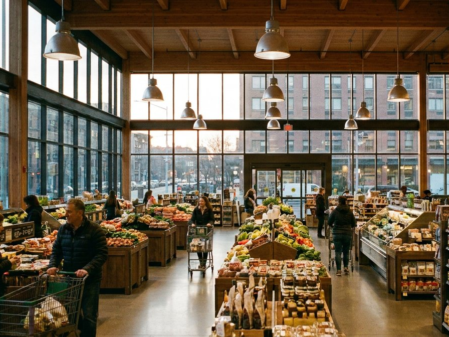 Modern grocery store with shoppers browsing fresh produce aisles