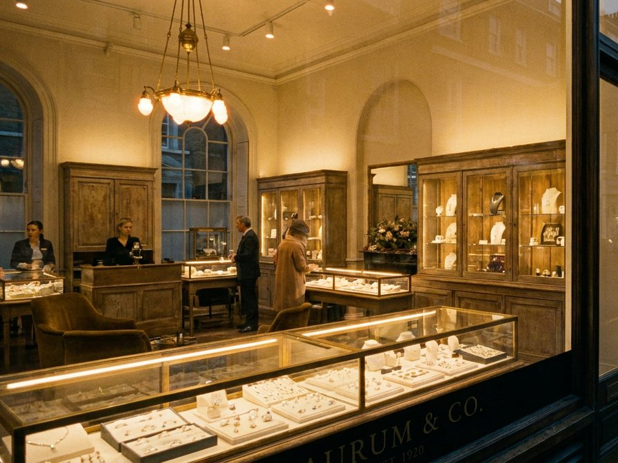 Upscale jewelry retail store with customers and staff at illuminated display cases