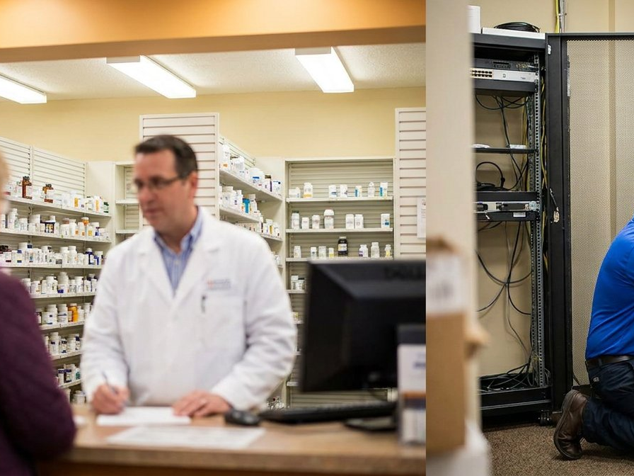 Network engineer installing IT infrastructure at a retail pharmacy